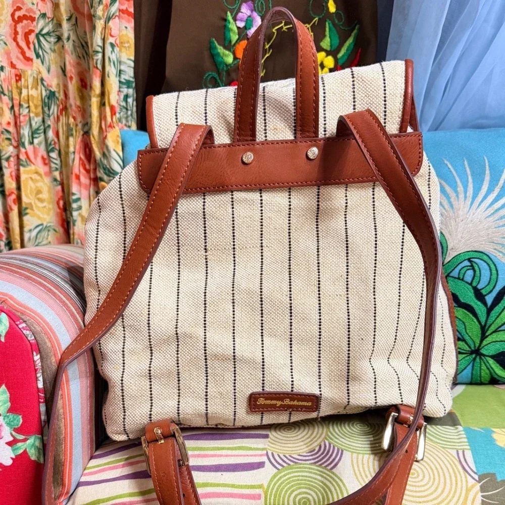 Tommy Bahama Striped Canvas Waikiki Drawstring Backpack Resort Aloha‎ Tag